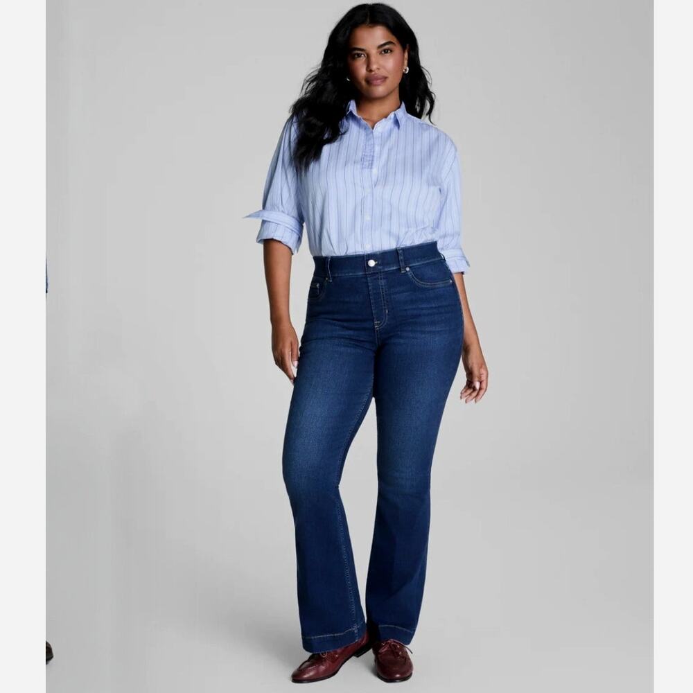 SPANX EveryWear Flare Jeans 1X Tall Dark Blue Pull-on Stretch High Rise Slimming